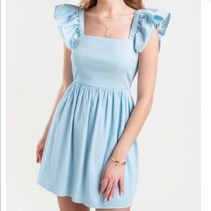 Blue Dress with Ruffle Sleeves and Bow Back- Small